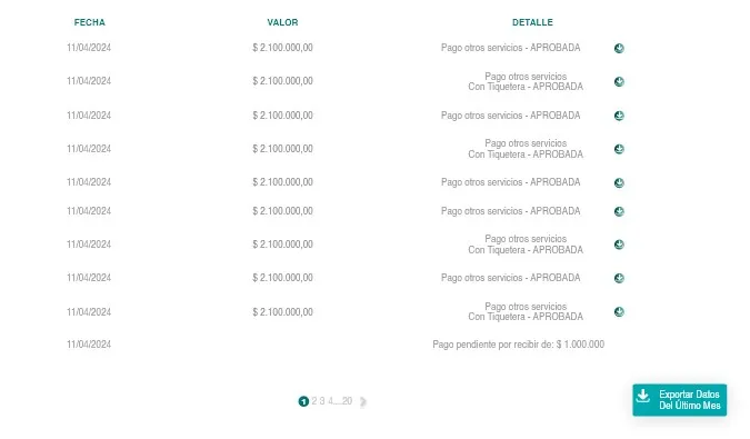 Menu Ver movimientos y detalles- Pagos de otros servicios